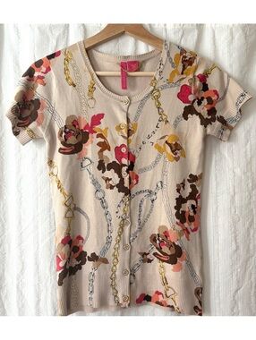 Charlotte Tarantola Floral Chain Print Short Sleeve Cardigan Sweater Medium